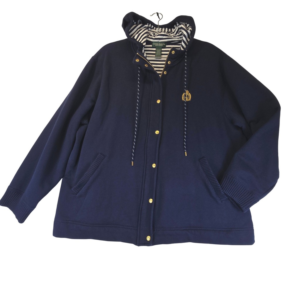 Lauren Jeans Co Ralph Lauren Crest Hoodie Jacket Women XL Navy Blue Nautical USA